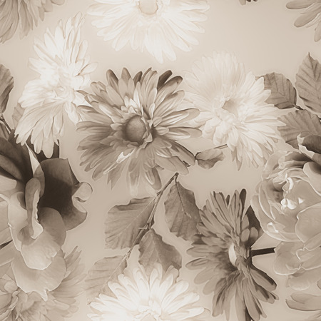 art monochrome vintage watercolor blurred floral seamless pattern with grey and white roses and gerberas isolated on light grey backgroundの写真素材