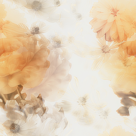 art vintage monochrome watercolor blurred floral seamless pattern with gold and white roses and gerberas isolated on white background. Double Exposure effectの写真素材