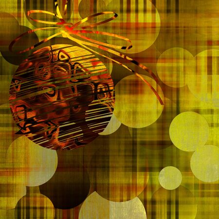 art christmas ball in green, gold and rainbow colors with abstract pattern on gold geometric background with space for textの写真素材