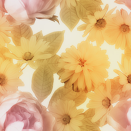 art vintage colorful graphic and watercolor blurred floral seamless pattern with purple peonies and golden asters isolated on white backgroundの写真素材