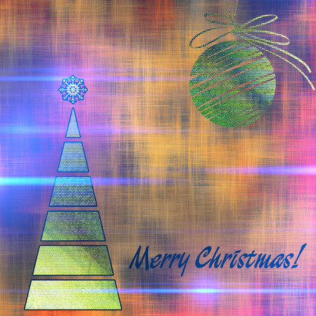 art christmas colorful graphic tree and ball in green and gold colors on gold, beige, brown and orange background with space for textの写真素材
