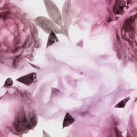 art vintage monochrome watercolor blurred floral seamless pattern  with pink and lilac peonies isolated on white backgroundの写真素材