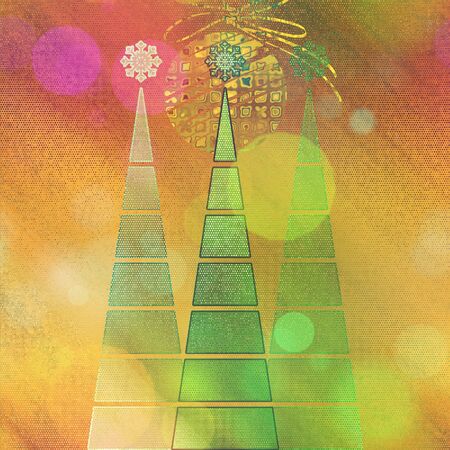 art three christmas tree and ball in gold and green colors on bright gold and orange background  with space for textの写真素材