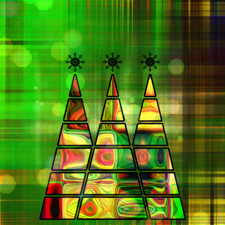 art three christmas tree in green, gold and rainbow colors with abstract pattern on green and gold background with space for textの写真素材