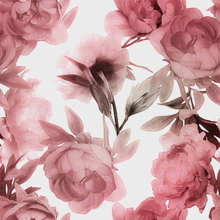 art vintage monochrome watercolor blurred and graphic floral seamless pattern with red peonies isolated on white backgroundの写真素材