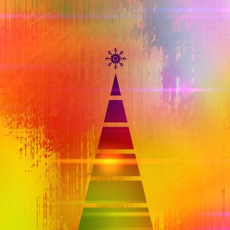 art christmas graphic geometric green, gold and red tree on gold, red and rainbow background with space for textの写真素材