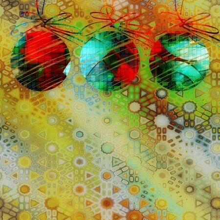 art christmas balls in green, red and blue colors with abstract pattern on green ornamental backgroundの写真素材