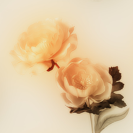 art vintage watercolor blurred floral pattern with golden peonies isolated on light gold background with space for textの写真素材