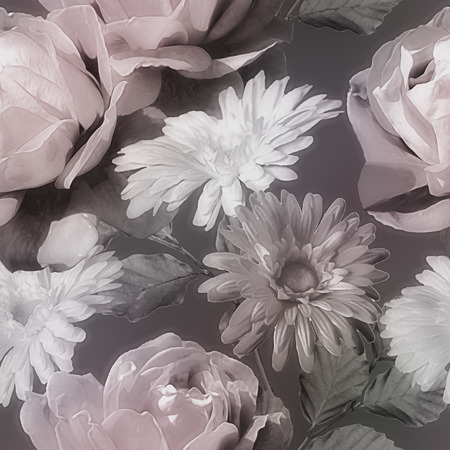 art monochrome vintage watercolor blurred floral seamless pattern with grey and white roses and gerberas isolated on dark grey backgroundの写真素材