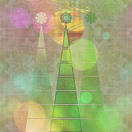 art three christmas tree and ball in gold and green colors on vintage old gold and olive vintage pattern background with space for textの写真素材