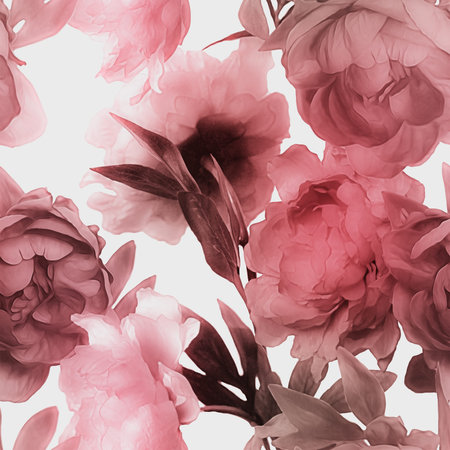 art vintage monochrome  watercolor  blurred floral seamless pattern with red peonies isolated on white backgroundの写真素材