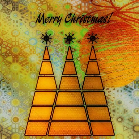 art three christmas tree and ball in gold color on vintage gold and green pattern backgroundの写真素材