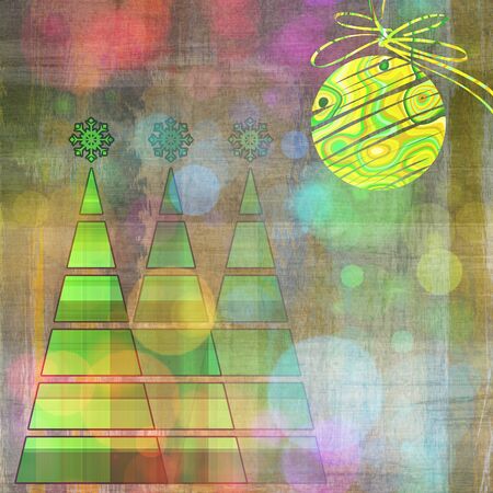 art three christmas tree and ball in bright green and gold colors on vintage grey, gold and beige pattern background with space for textの写真素材