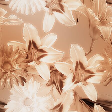 art monochrome watercolor blurred vintage floral seamless pattern with white and brown lilies and gerberas on brown beige backgroundの写真素材