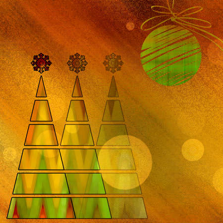 art three christmas tree and ball in gold, red and green colors  on bright gold and orange background  with space for textの写真素材