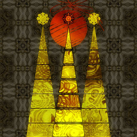 art three christmas tree and ball in gold and orange colors with abstract floral geometric pattern on brown and grey background  with space for textの写真素材