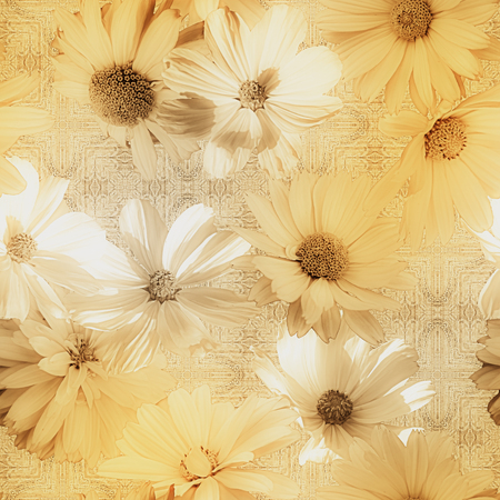 art vintage graphic and watercolor blurred floral seamless pattern with golden and white asters on grey damask  backgroundの写真素材