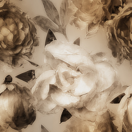 art vintage monochrome watrecolor blurred floral seamless pattern  with white and gold peonies on beige backgroundの写真素材