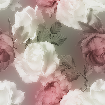 art vintage watercolor blurred floral seamless pattern with white roses and red peonies on grey backgroundの写真素材