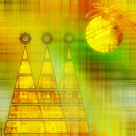 art three christmas tree and ball in gold color with abstract floral geometric pattern on gold, beige, green and brown background  with space for textの写真素材