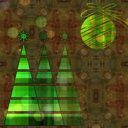 art three christmas tree and ball in gold and green colors on gold, green and red vintage background  with space for textの写真素材