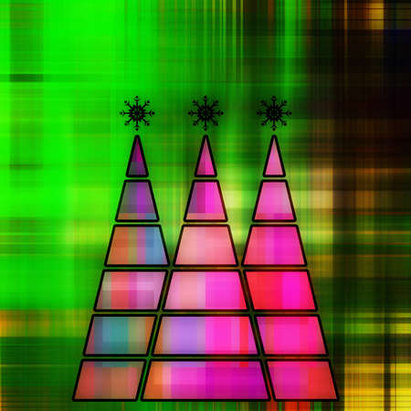 art three christmas tree in pink, fuchsia and blue colors with abstract pattern on green and gold background with space for textの写真素材