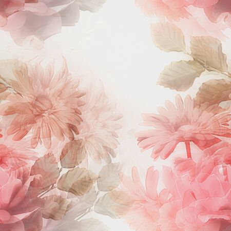 art monochrome vintage watercolor blurred floral seamless pattern with red and white roses and gerberas isolated on white background. Double Exposure effectの写真素材