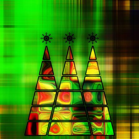 art three christmas tree in green, gold and rainbow colors with abstract pattern on green and gold background with space for textの写真素材