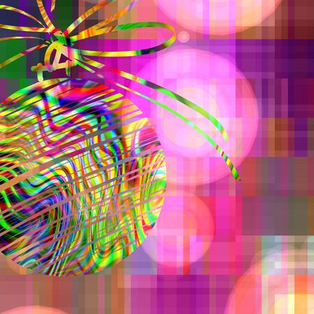 art christmas ball in gold and rainbow colors with abstract pattern on pink, gold, violet and lilac background with space for textの写真素材