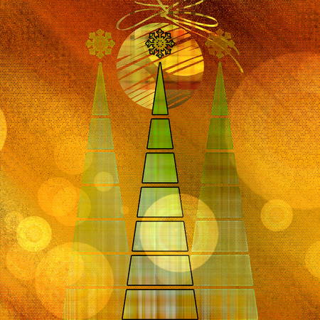 art three christmas tree and ball in gold and green colors on gold and orange background with space for textの写真素材