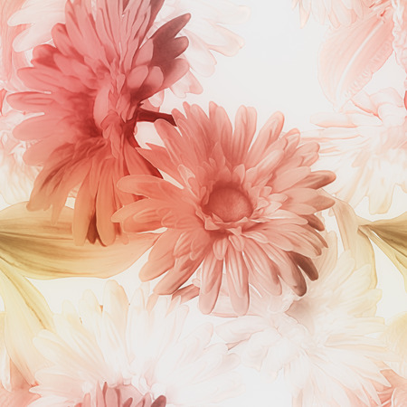 art vintage watercolor blurred floral seamless pattern with red and white lilies and gerberas isolated on white backgroundの写真素材