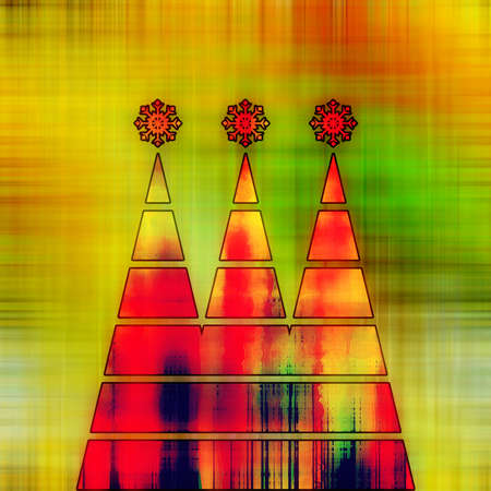 art three christmas tree in green, gold, red and rainbow colors with abstract pattern on red, gold, orange and green background with space for textの写真素材