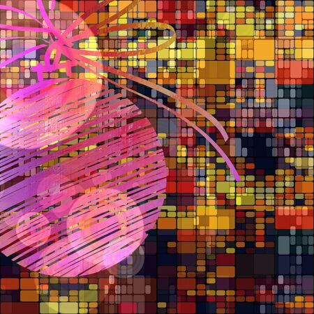 art christmas ball in gold, lilac and pink colors on abstract rainbow geometric pattern background with space for textの写真素材