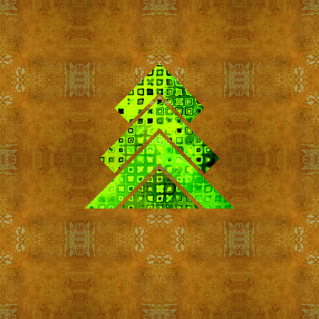 art christmas graphic tree in gold yellow and green colors with abstract floral damask pattern on beige background with space for textの写真素材