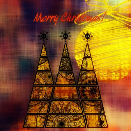 art three christmas tree and ball in black and gold colors with abstract floral geometric pattern on gold, beige, brown, purple and orange backgroundの写真素材