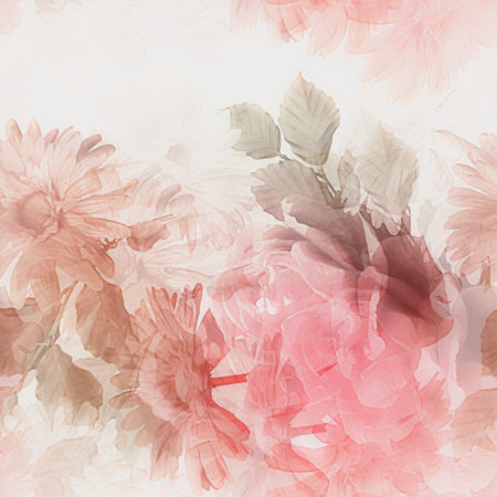 art monochrome watercolor blurred vintage floral seamless pattern with white and red gerberas and roses isolated on white  backgroundの写真素材
