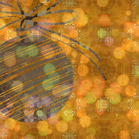 art christmas ball in bronze and gold colors with abstract golden pattern on orange and gold  background with space for textの写真素材
