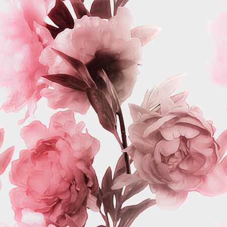 art vintage monochrome  watercolor blurred floral seamless pattern with red peonies isolated on white backgroundの写真素材