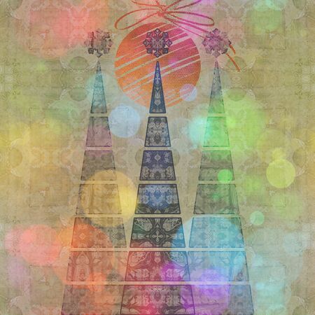 art three christmas tree and ball in black and gold colors with abstract floral geometric pattern on vintage old gold and olive vintage pattern background with space for textの写真素材