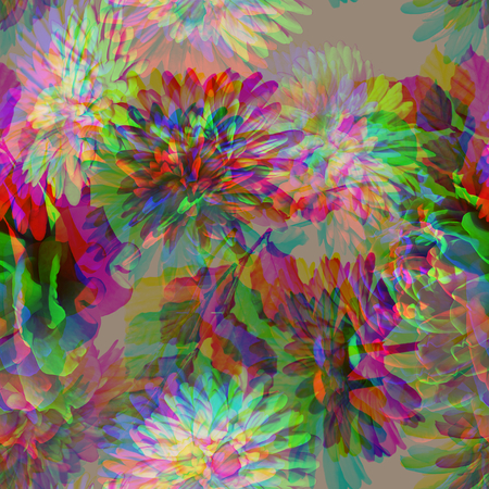 art vintage floral seamless pattern with violet purple and white roses and gerberas on grey background. Double Exposure effectの写真素材