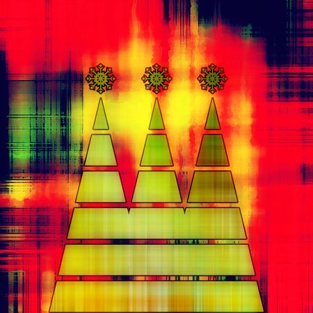 art three christmas tree in gold and green colors with abstract pattern on bright gold, red and rainbow backgroundの写真素材