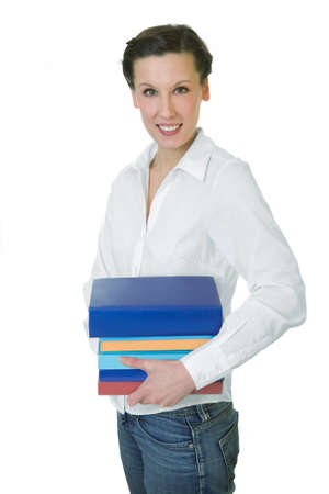 Happy adult student holding a few booksの写真素材