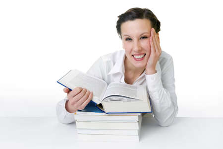 Happy young woman reading books - isolatedの写真素材