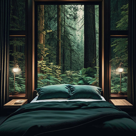 Dark bedroom with green pillows on the bed, a window with a view of the forestの素材