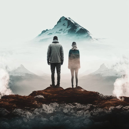Couple standing on top of a mountain and looking at the viewの素材