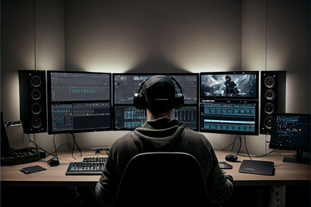 A hacker in a dark room with computer monitors. The concept of cybercrime.の素材