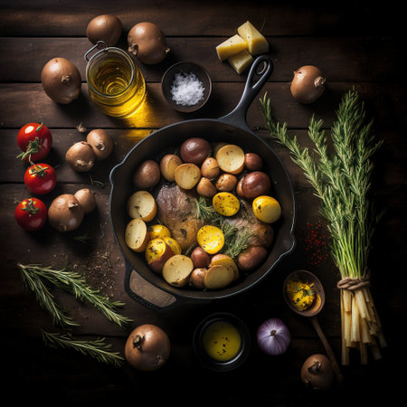 Frying pan with potatoes, onions and spices on a wooden backgroundの素材