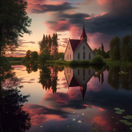 Church on the lake at sunset with reflection in water, Poland.の素材