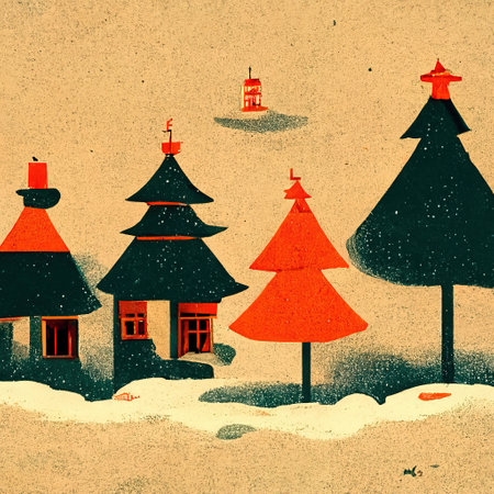 Christmas card with traditional houses in the snow. Happy New Year background.の素材