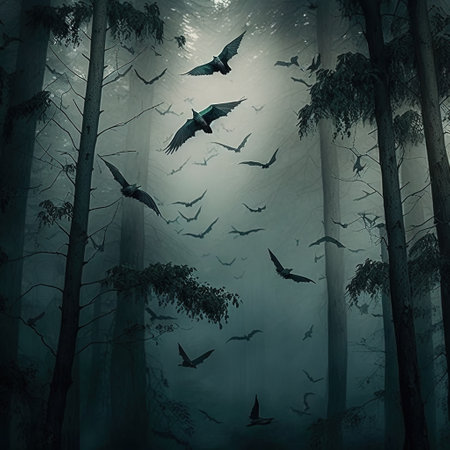 Winter forest with golden trees and snowflakes. Christmas background.の素材